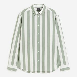 NWT H&M Green & White Striped Button Up Shirt Mens, Regular Fit Poplin Shirt